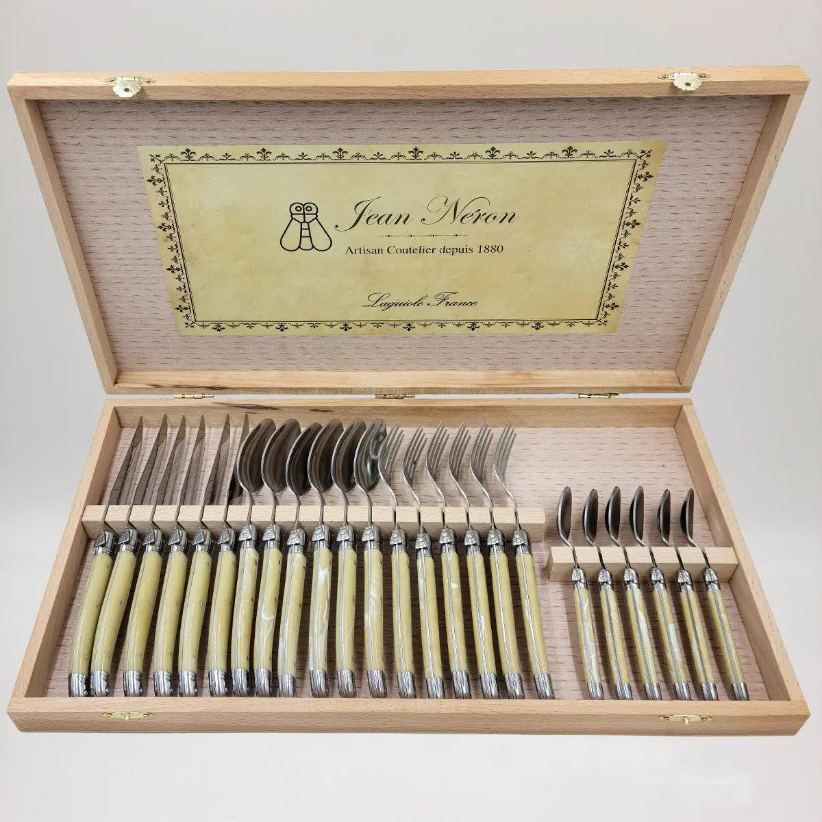 24 Pc Flatware Pale Horn in Wooden Box - Delys Boutique